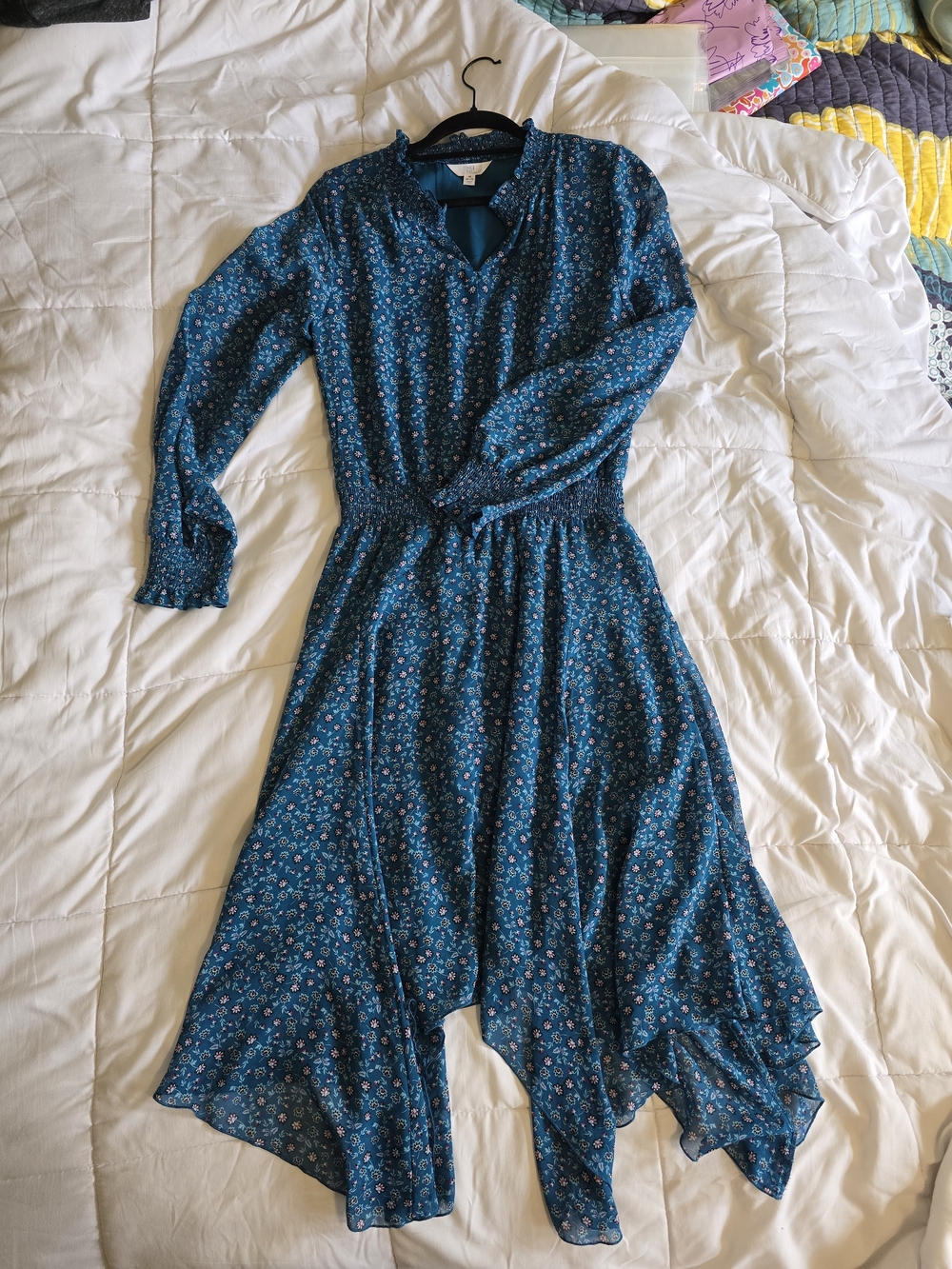 Time and Tru Teal Floral Asymmetrical Handkerchief Hem Dress